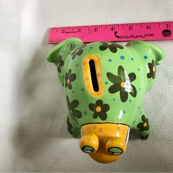 Ganz ceramic green frog piggy bank flowers polka dots EUC hand painted - Picture 14 of 14